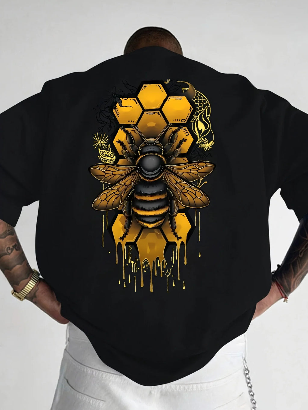Men's Bee pattern printed round neck short sleeved T-shirt