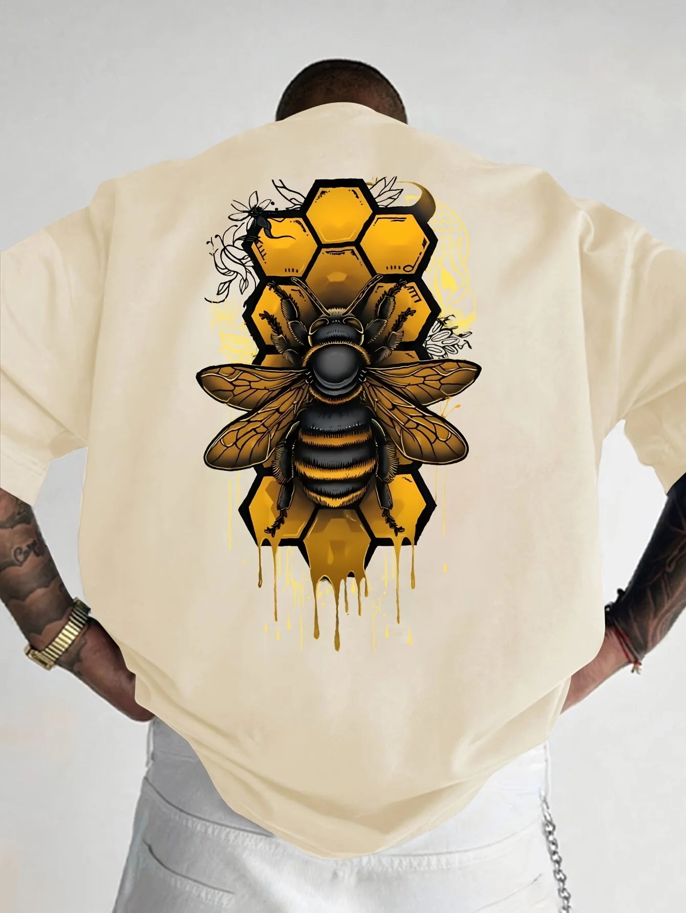 Men's Bee pattern printed round neck short sleeved T-shirt