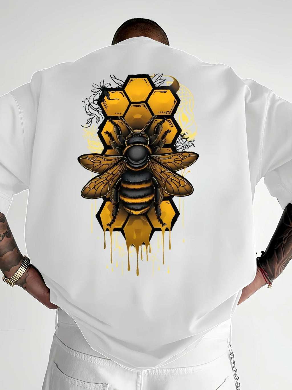 Men's Bee pattern printed round neck short sleeved T-shirt