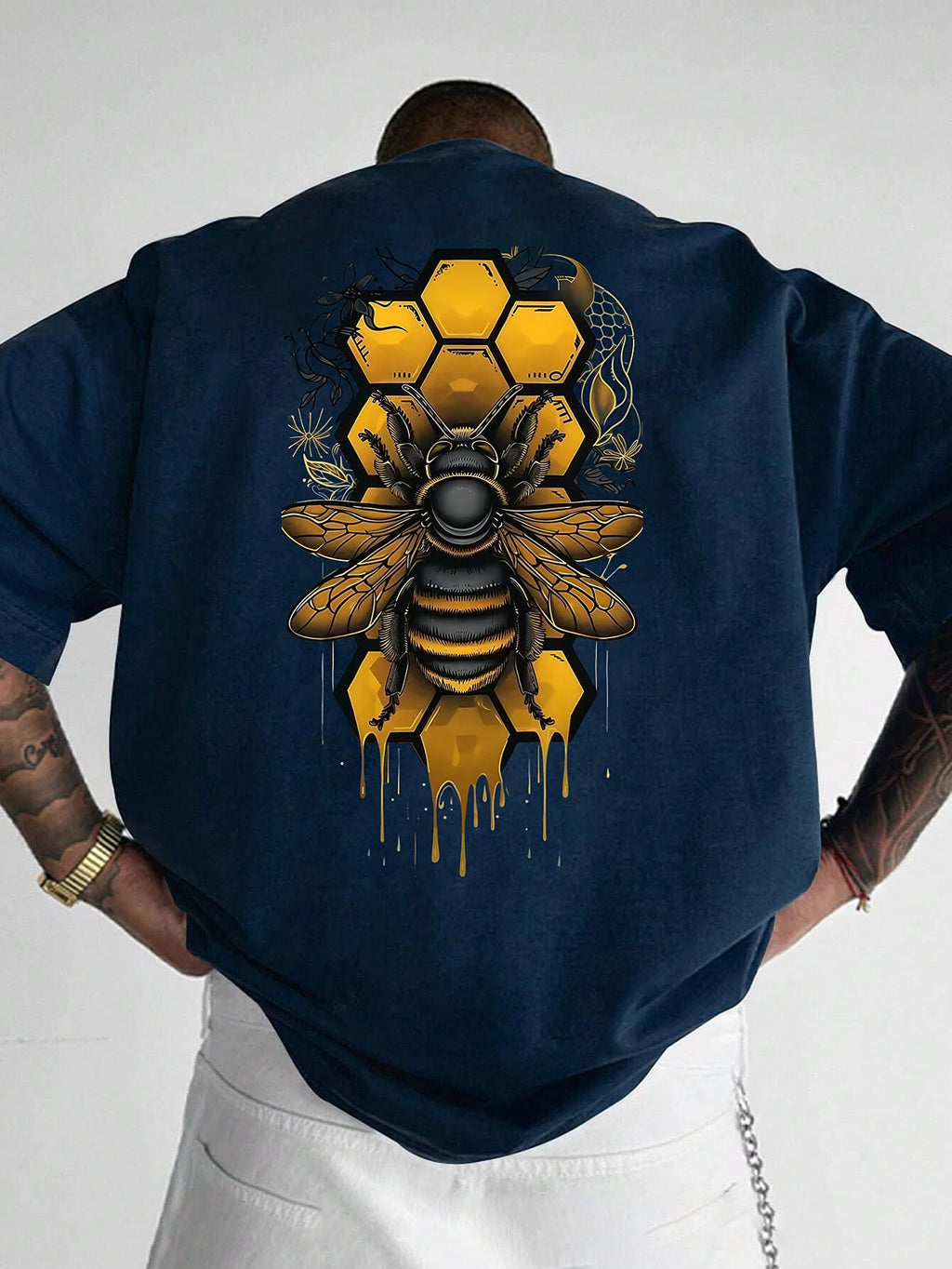 Men's Bee pattern printed round neck short sleeved T-shirt