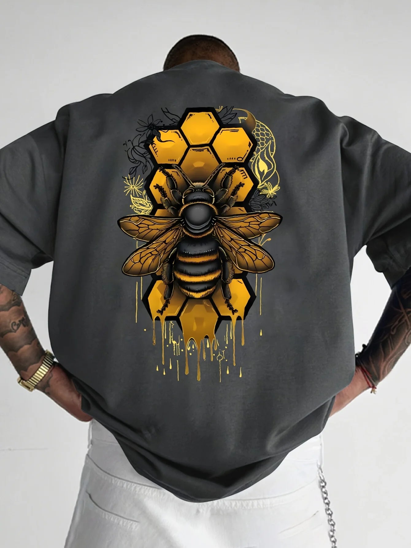 Men's Bee pattern printed round neck short sleeved T-shirt